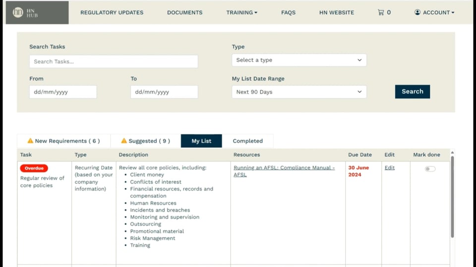 HN Hub Set-up Part 2: Customising the compliance diary