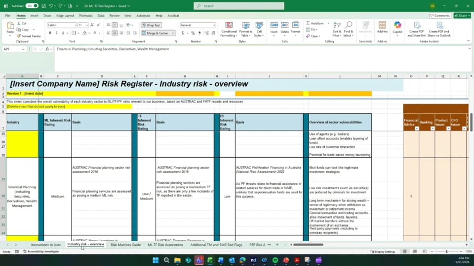 AML Program Tool Guide – Part 2 – Customising Tool 2B